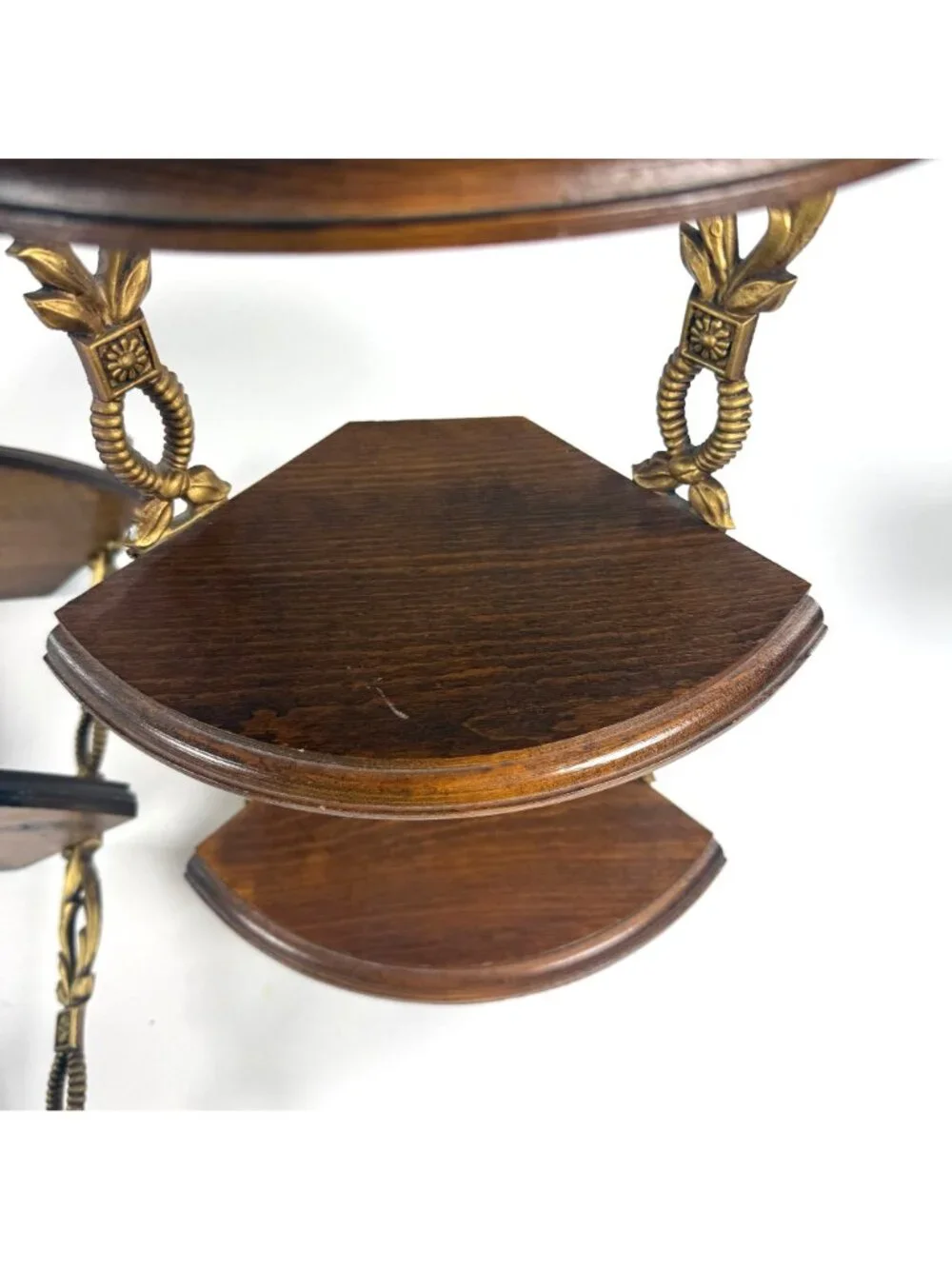 2 Vintage Sexton 3 Tier Corner Hanging Shelves Ornate Metal Wood Wall Display